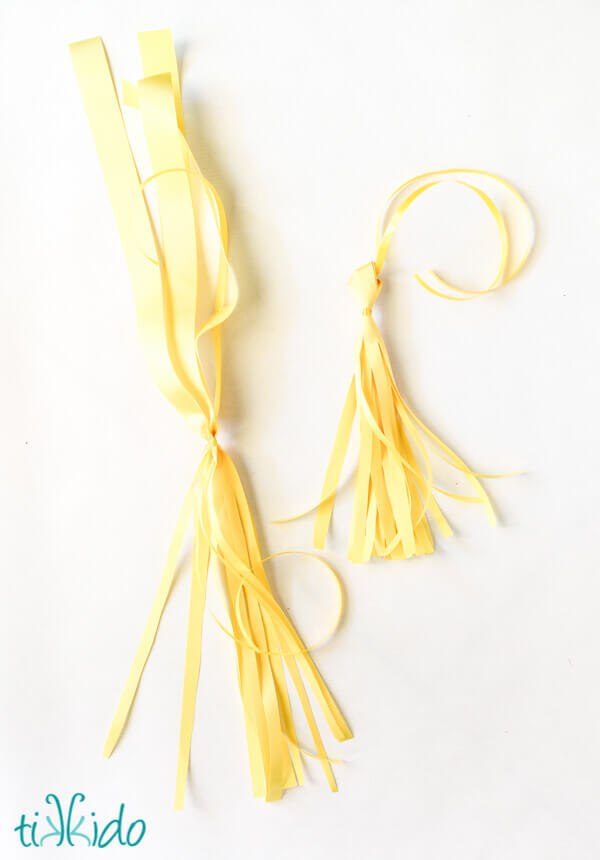 Tassel being made out of satin floral ribbon to make a balloon tassel.