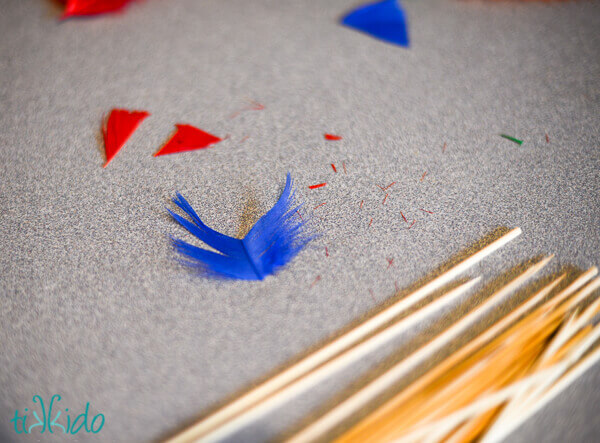 Feathers and bamboo skewers for making the arrow fruit skewers for the Hobbit birthday party.