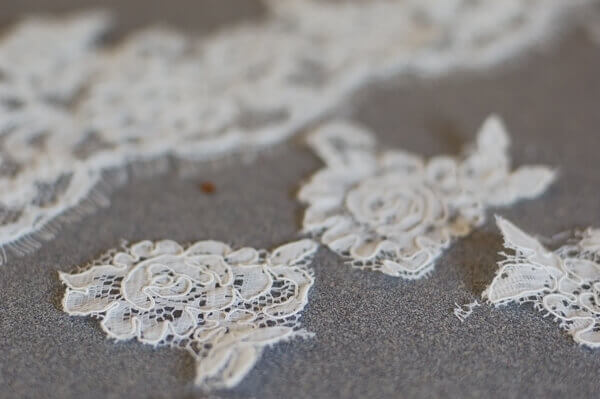Alencon lace pieces cut and ready to put on the Wedding Veil Christmas Ornament