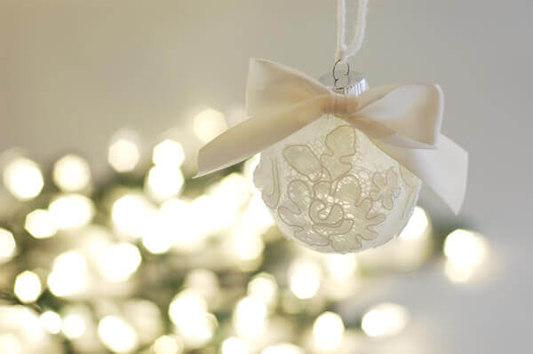 Christmas ornament made from the scrap materials of a bride's silk tulle wedding veil.