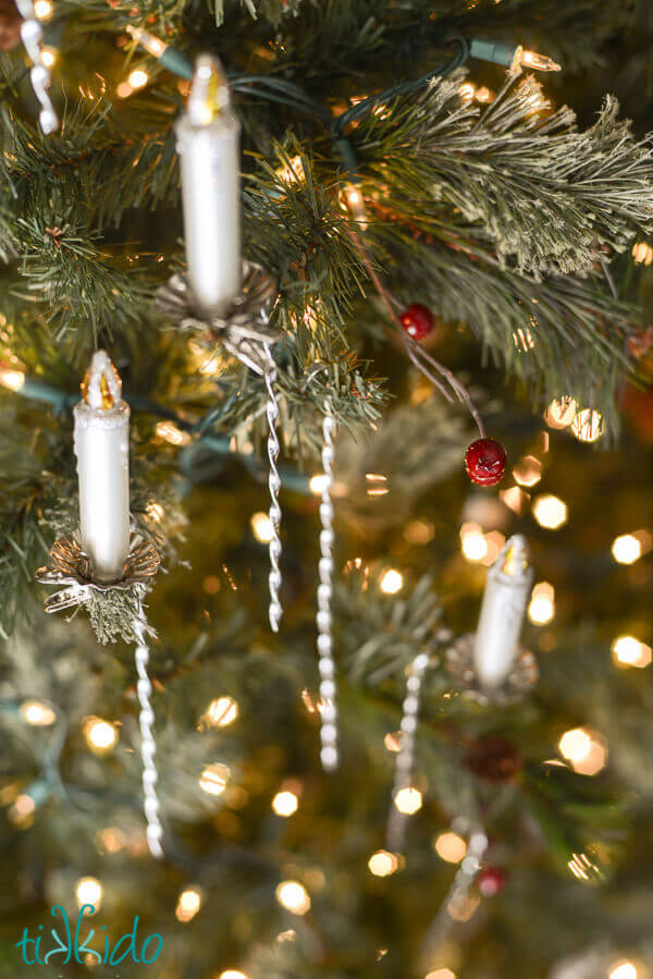 DIY Victorian Tinsel Ornaments hanging on a Christmas tree.