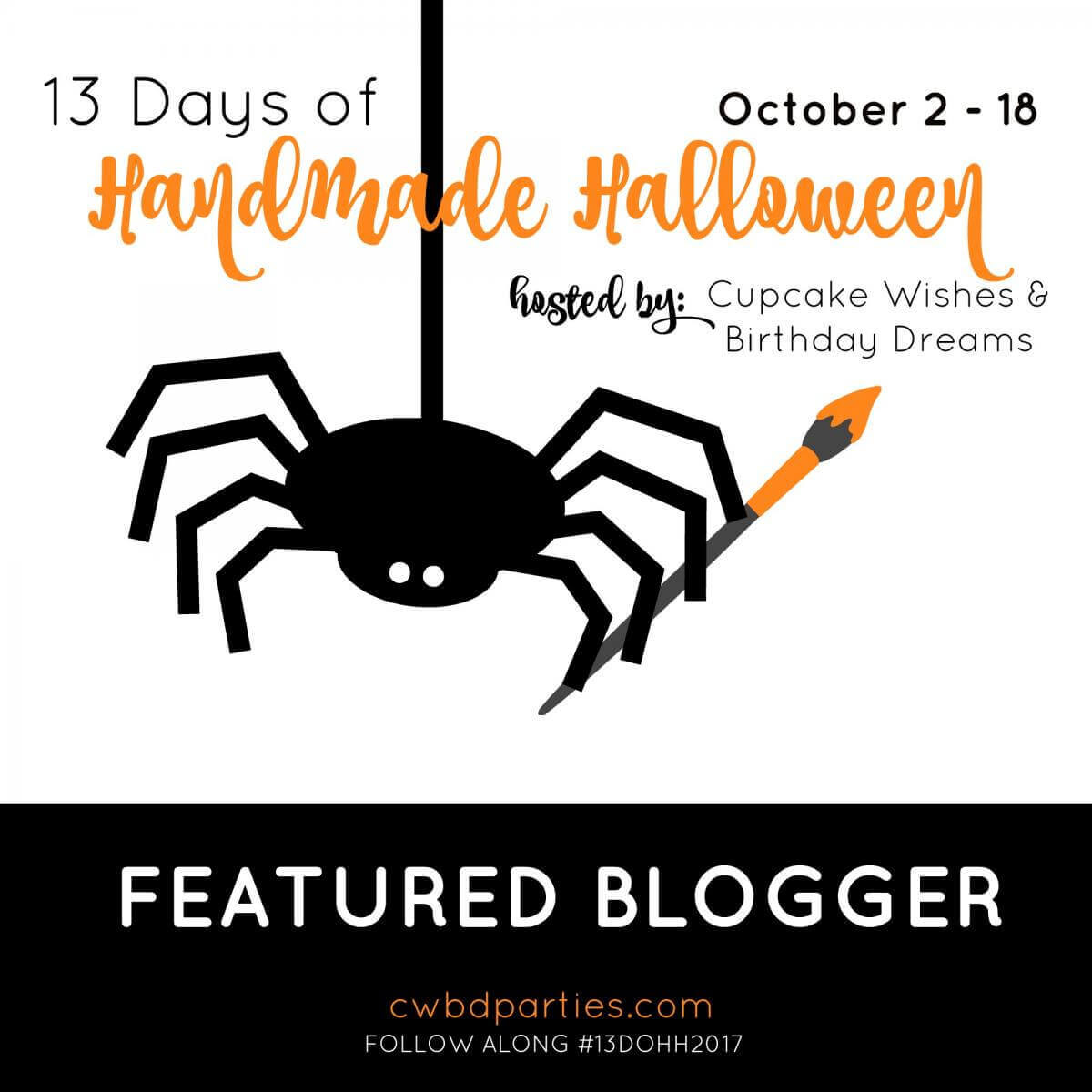 Illustration of a spider with a paintbrush, and text for the 13 days of Handmade Halloween Blog Hop.
