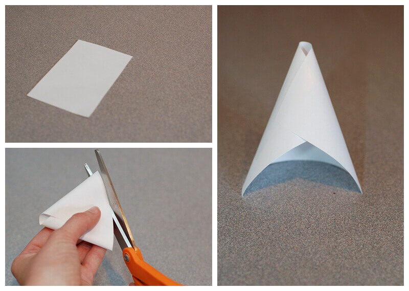 Collage showing a rectangle of white paper being rolled into a cone shape.