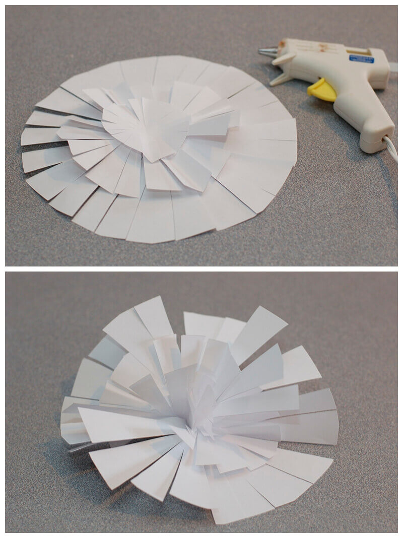Collage showing assembly of fringe cut graduated paper circles into a pom style flower