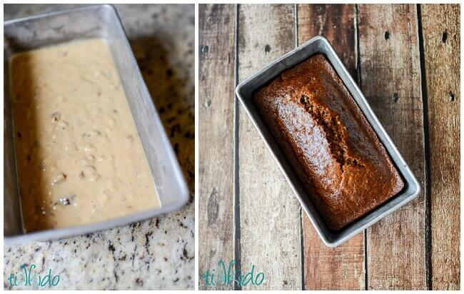 Collage of unbaked and baked date nut bread loaves.