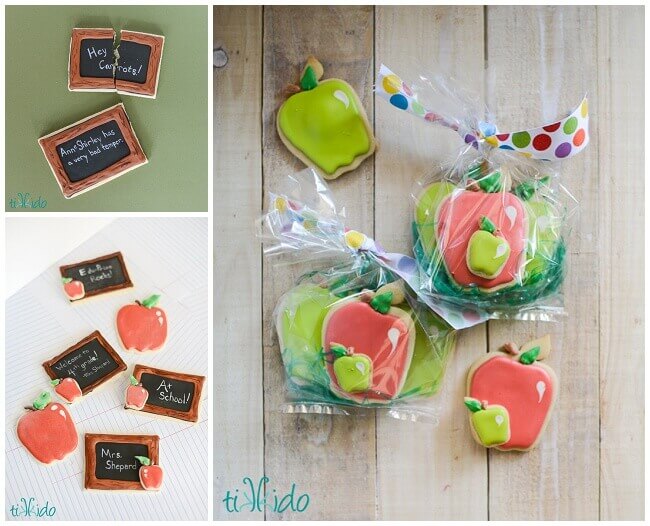 Back to school sugar cookies that look like apples and chalkboards.
