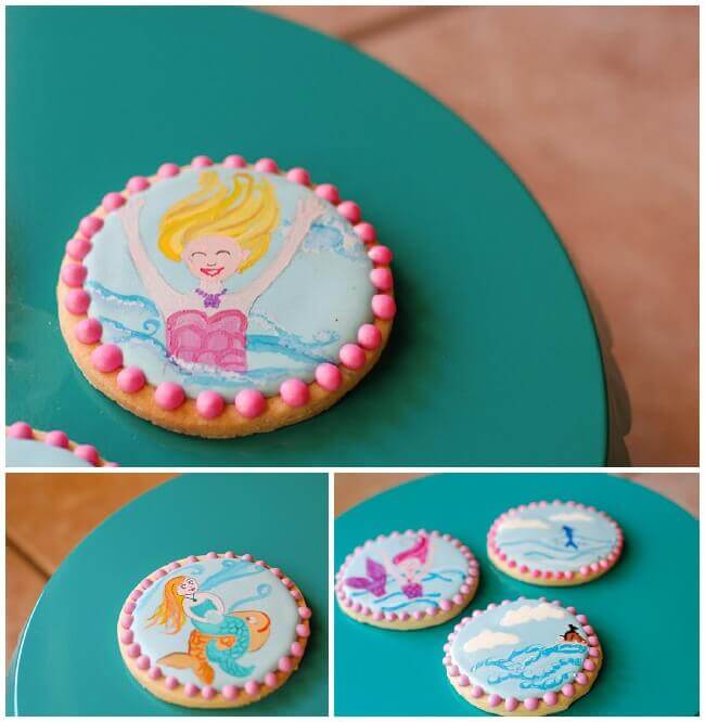 Collage of mermaid sugar cookies decorated with royal icing.