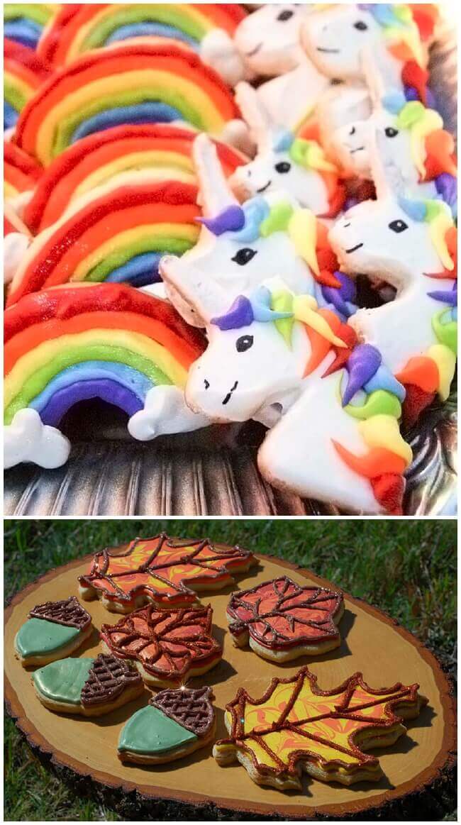 Collage of rainbow unicorn and fall leaf sugar cookies decorated with royal icing.