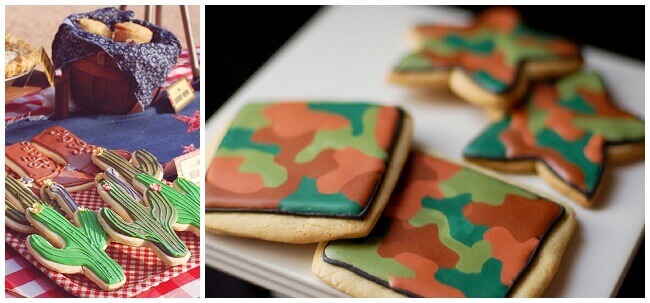 Collage of western and camouflage sugar cookies decorated with royal icing.