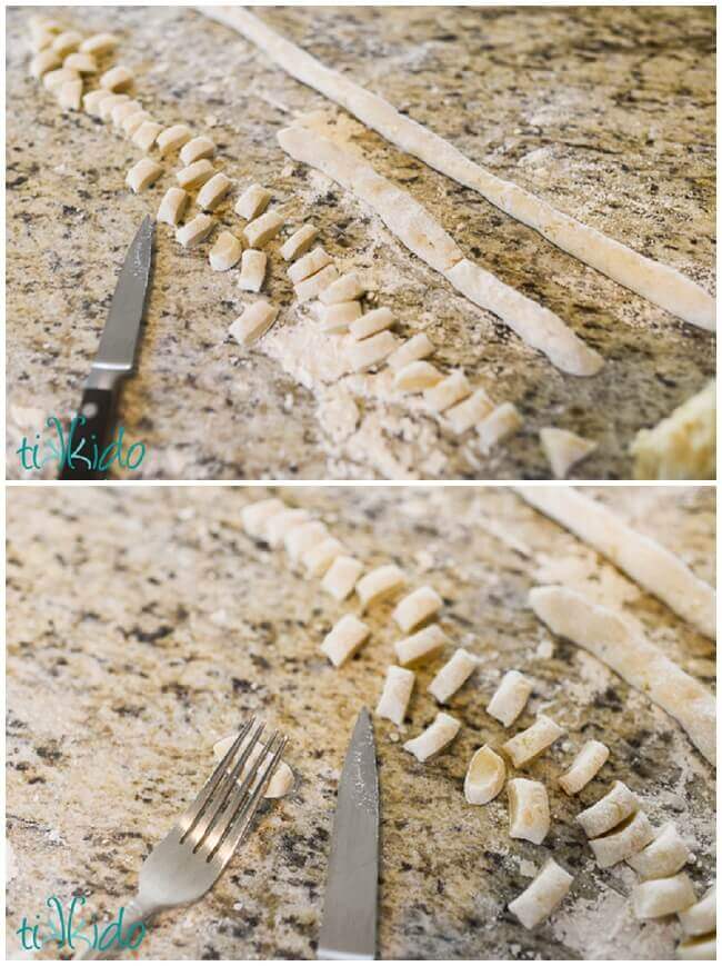 Collage of gnocchi dough being shaped into gnocchi pasta dumplings.