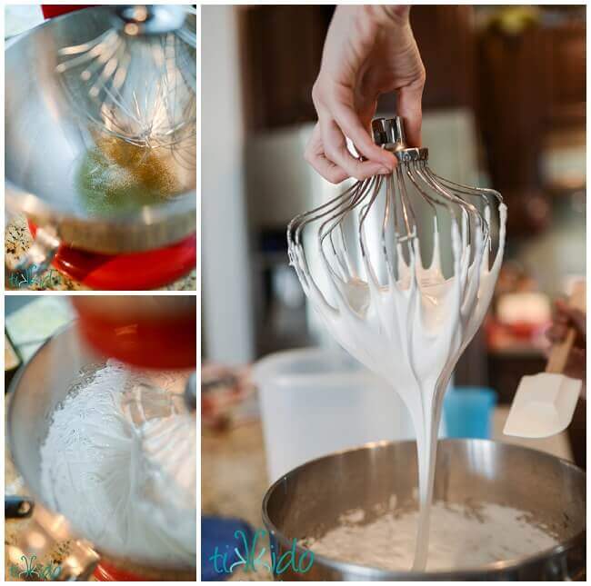 Collage showing the gelatin and water and sugar mixture being whipped to make homemade marshmallows.
