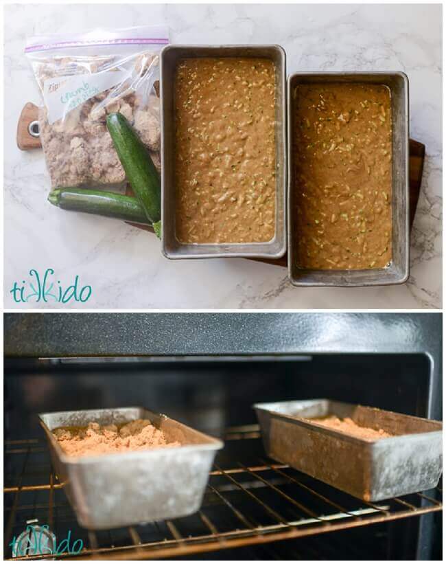 Collage of zucchini bread batter being baked