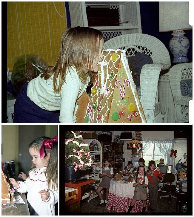 Collage of pictures of a little girl in the 1970s and 1980s decorating and eating gingerbread houses.