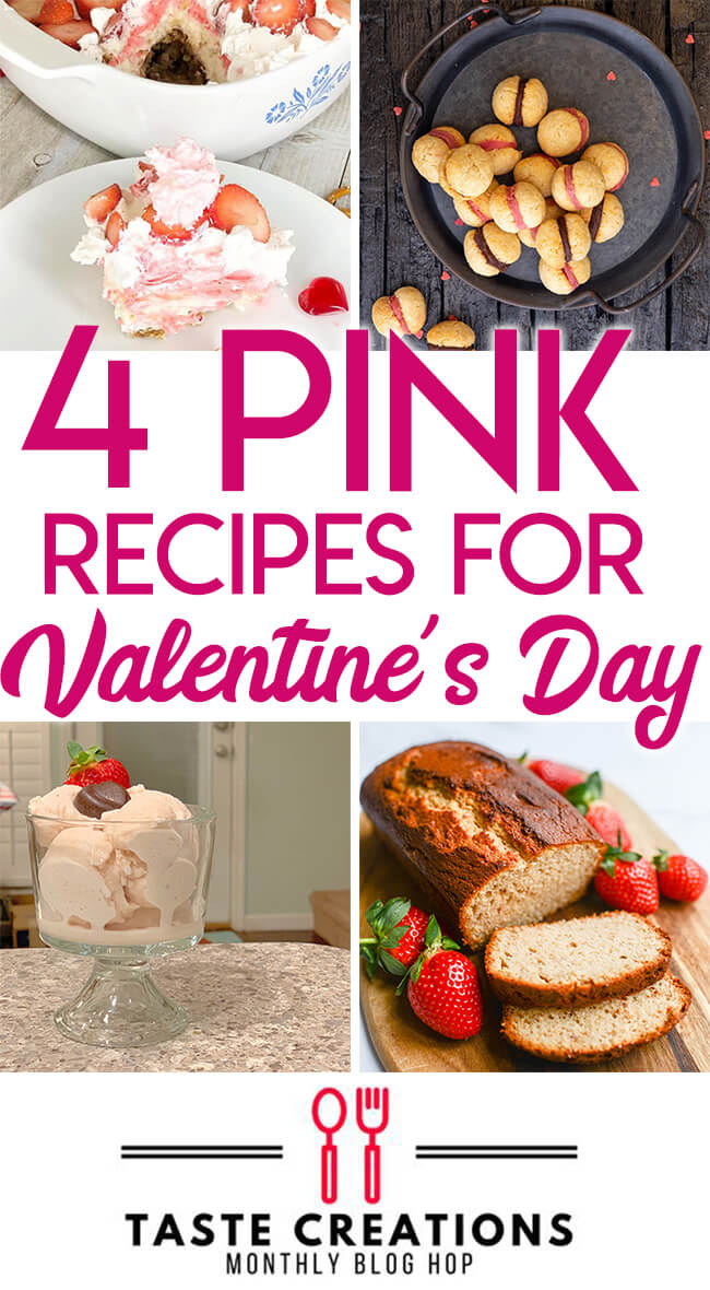 Collage of pink food with text overlay reading "Four Pink Recipes for Valentine's Day."