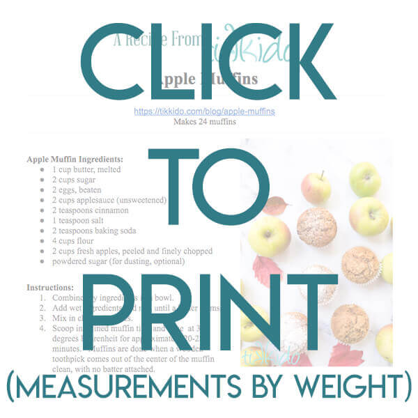 Navigational image leading reader to printable, one page apple muffins recipe by weight.