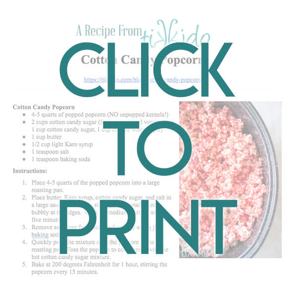 Navigational image leading reader to printable, one page PDF version of the cotton candy popcorn recipe.
