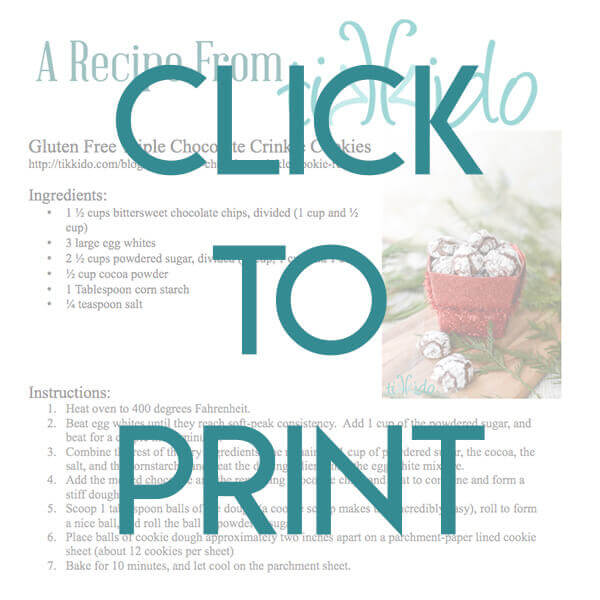 Navigational image leading reader to printable, one page version of the gluten free chocolate crinkle cookie recipe