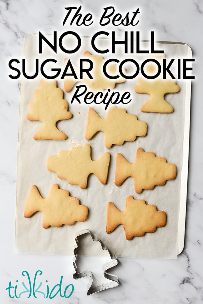 Freshly baked sugar cookies on a parchment lined cookie sheet, with text overlay reading "The Best No Chill Sugar Cookie Recipe."