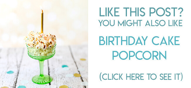 Navigational image leading reader to recipe for birthday cake popcorn with sprinkles.