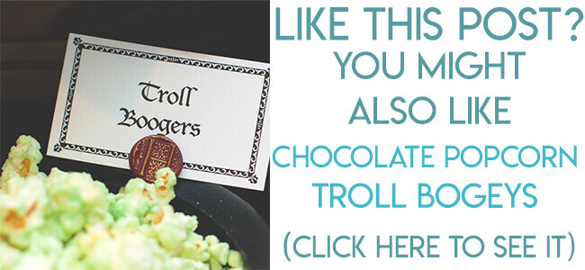 Navigational image leading readers to tutorial for making green chocolate popcorn Troll bogeys for a Harry Potter party.