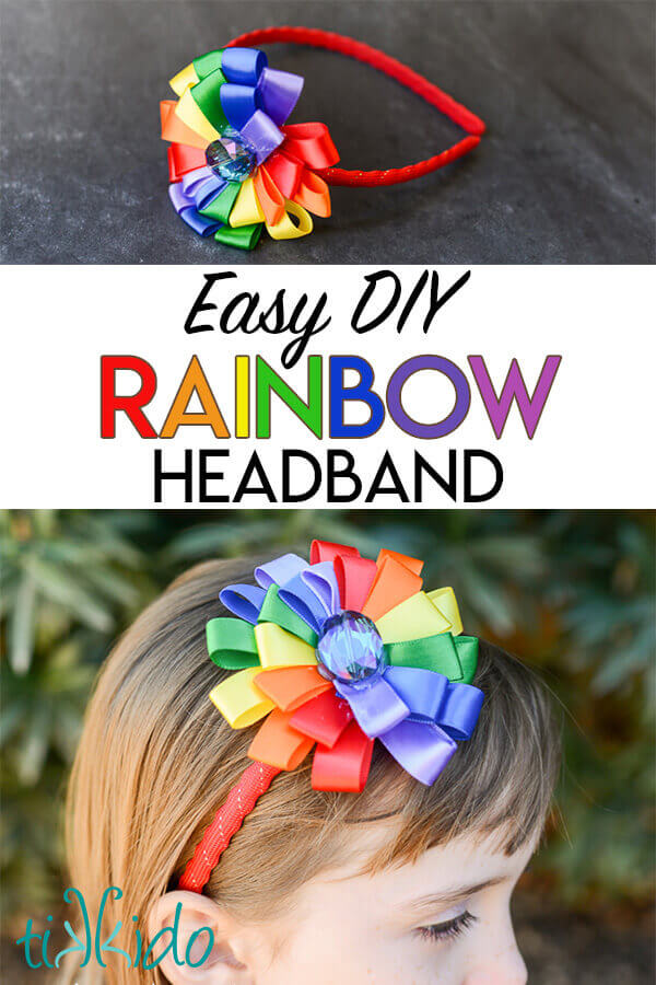 DIY Headband made with rainbow colored ribbon flower.
