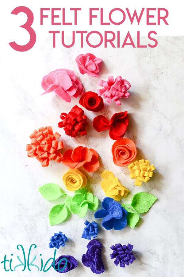 Tutorial for making three different styles of felt flowers, including a spiral rose, carnation, and layered petal flower.