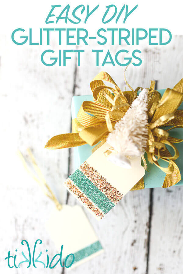DIY Gift Tags decorated with stripes of glitter on a Christmas present.