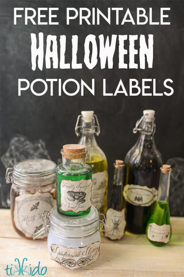 DIY Halloween potion bottles made with free printable potion bottle labels.