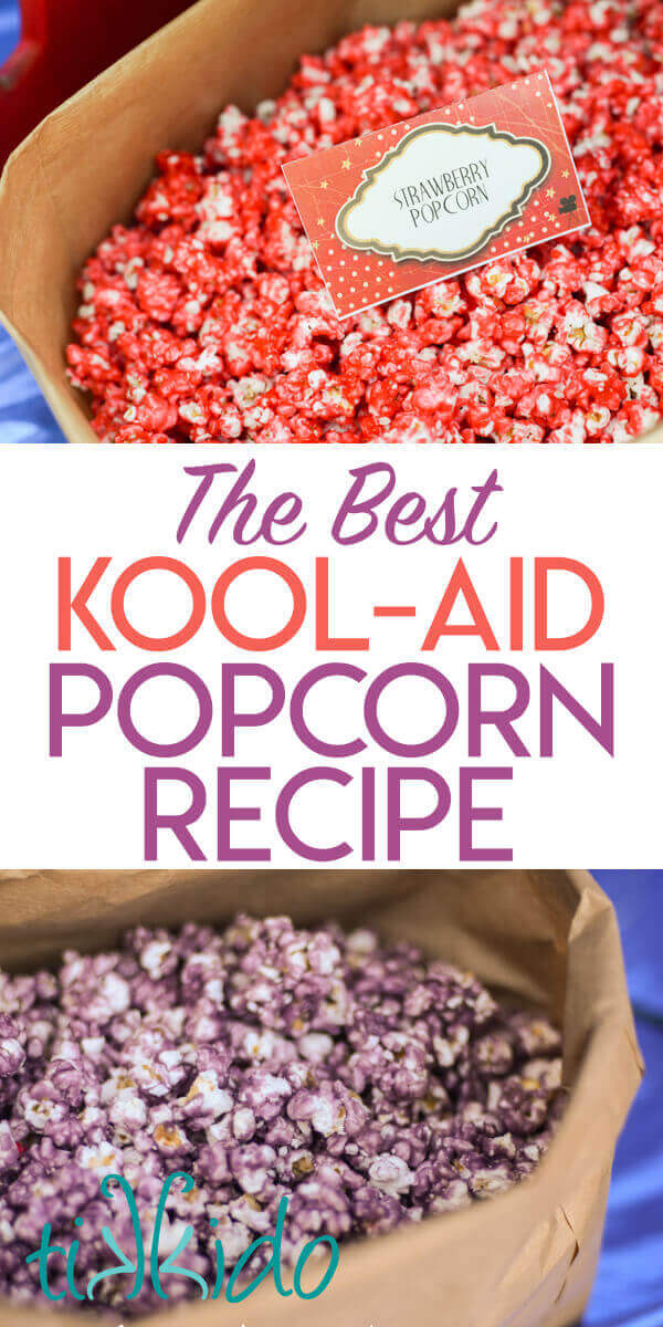 Colorful, fruit flavored candied popcorn recipe makes the best colored popcorn.