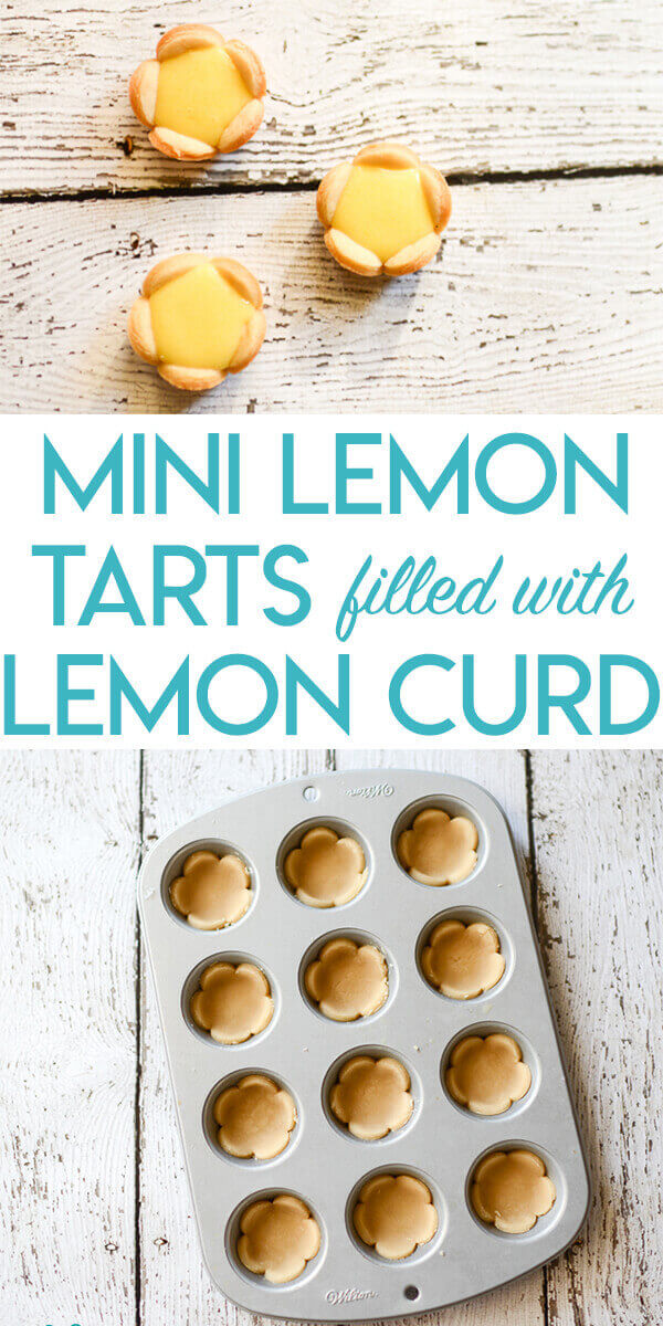 Collage of mini lemon tarts that look like flowers filled with lemon curd optimized for pinterest.