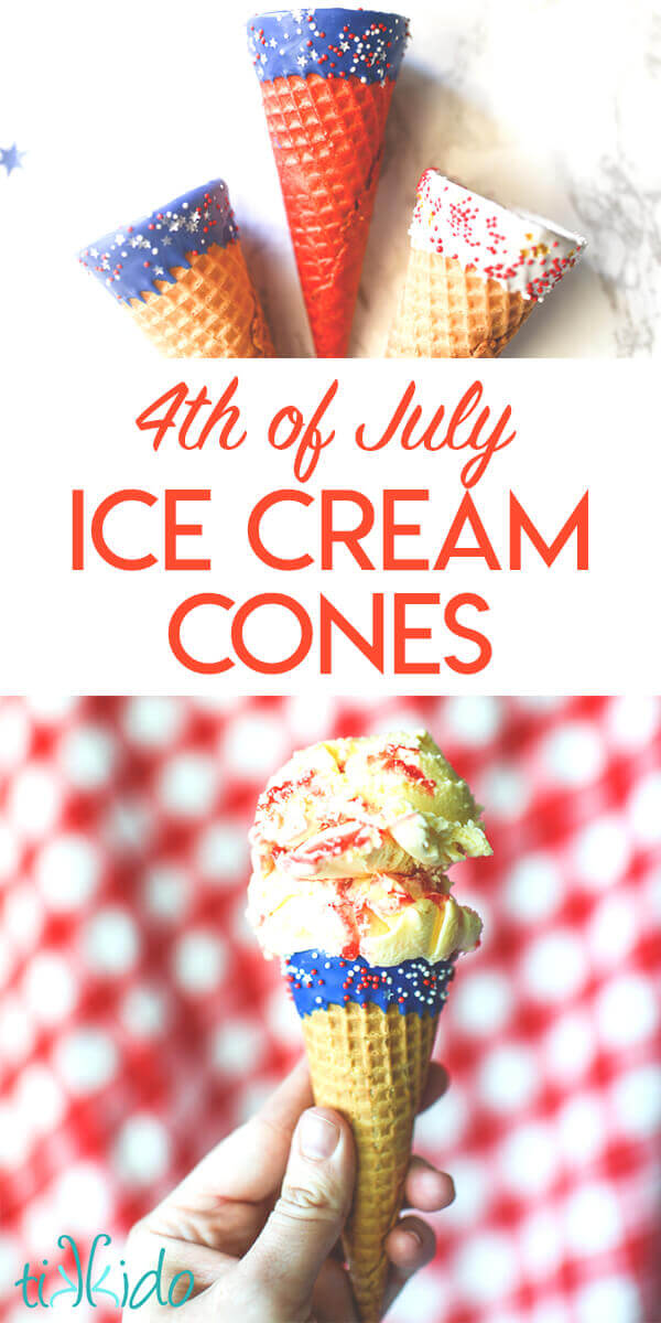 Tutorial for taking plain ice cream cones and decorating them in edible red, white, and blue decorations for the 4th of July or Memorial day.