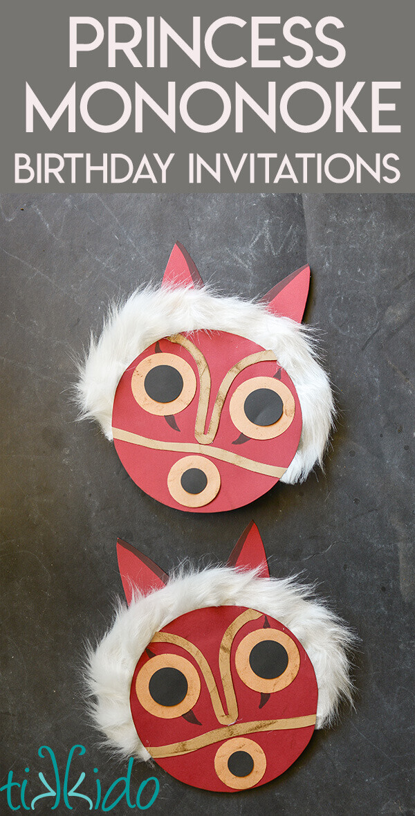 Princess Mononoke birthday invitations made out of cardstock and faux fur fabric.