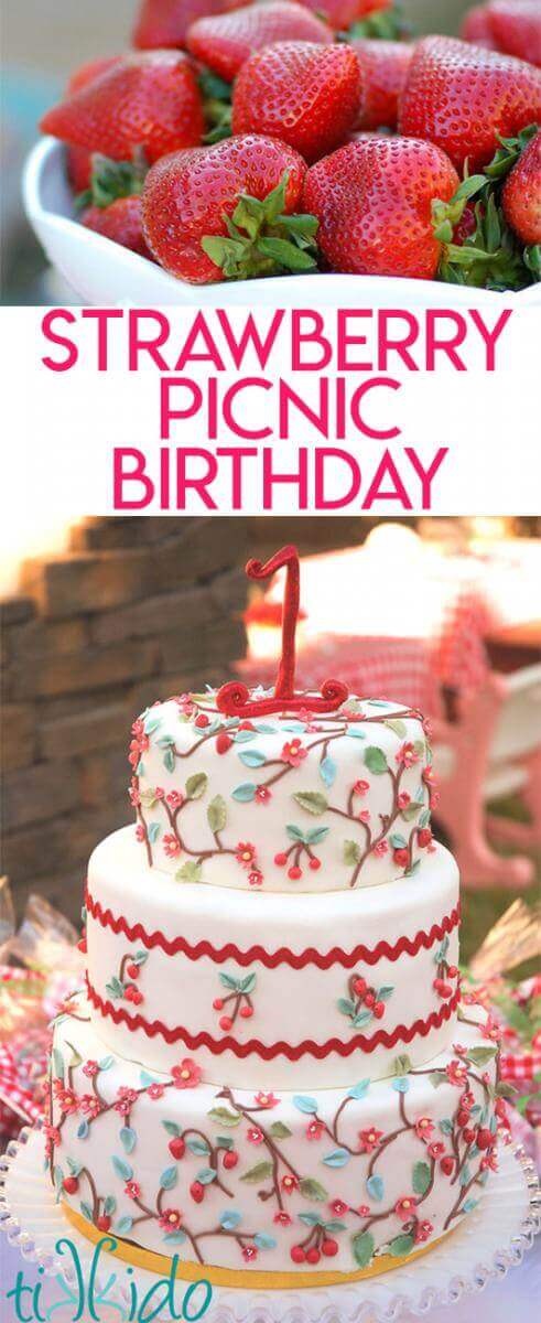Strawberry Picnic Birthday collage of images optimized for pinterest.