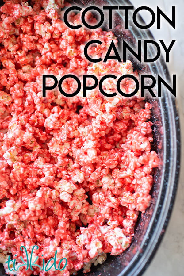 Pink cotton candy popcorn in a roasting pan.