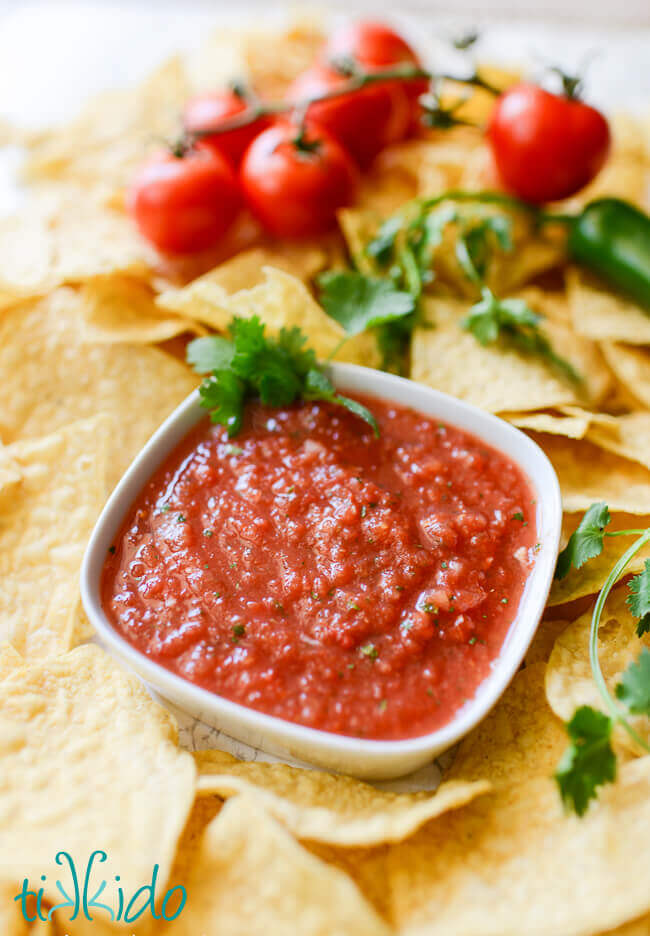 Bowl of homemade salsa surrounded by tortilla chips, fresh cilantro, and fresh tomatoes.