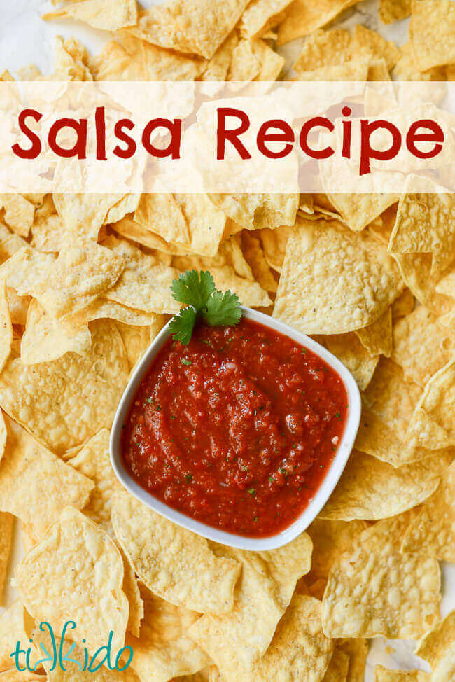 Red salsa in a white bowl surrounded by tortilla chips, with text overlay reading "salsa recipe."