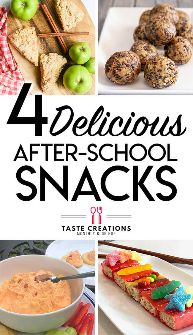 Collage of after school snack recipe photos, with text overlay reading "4 delicious after school snacks."