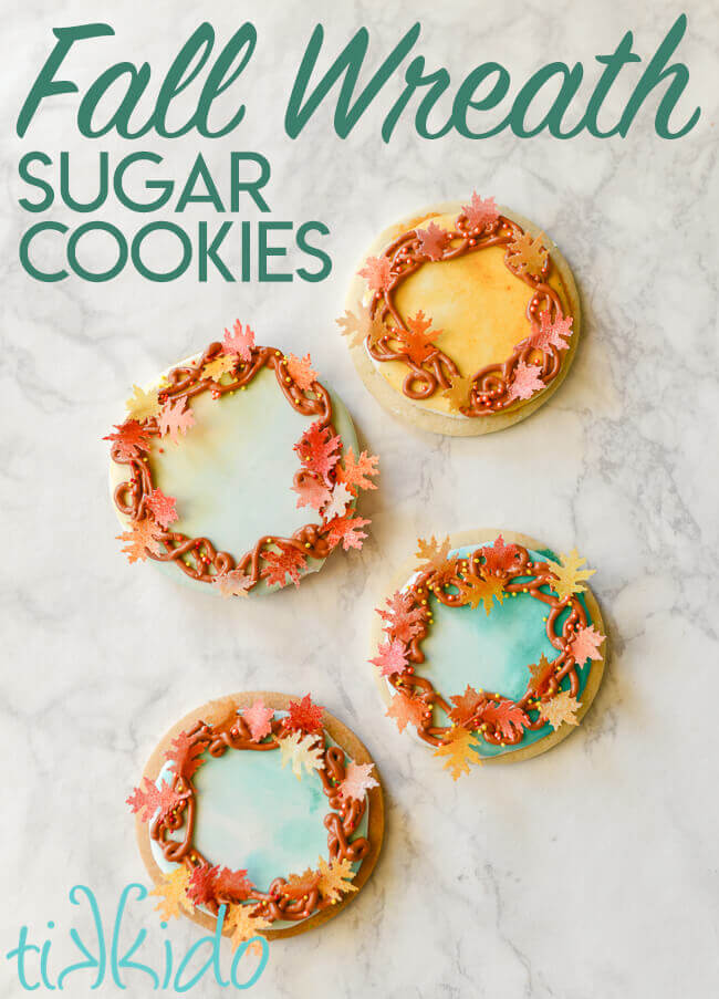 Sugar cookies decorated to look like fall wreaths.