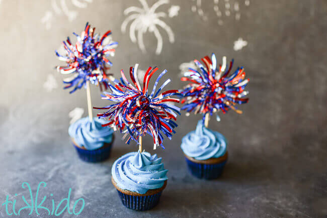 Red, white, and blue fireworks cupcake toppers for 4th of July cupcakes.