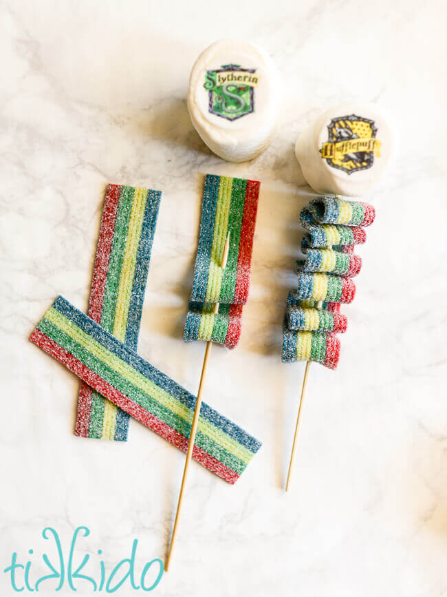 Harry Potter Candy Kebabs being assembled