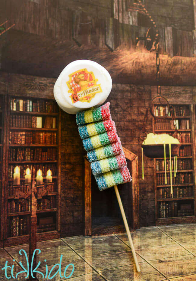 Harry Potter Candy Kebab topped with a marshmallow decorated with the Gryffindor house crest.
