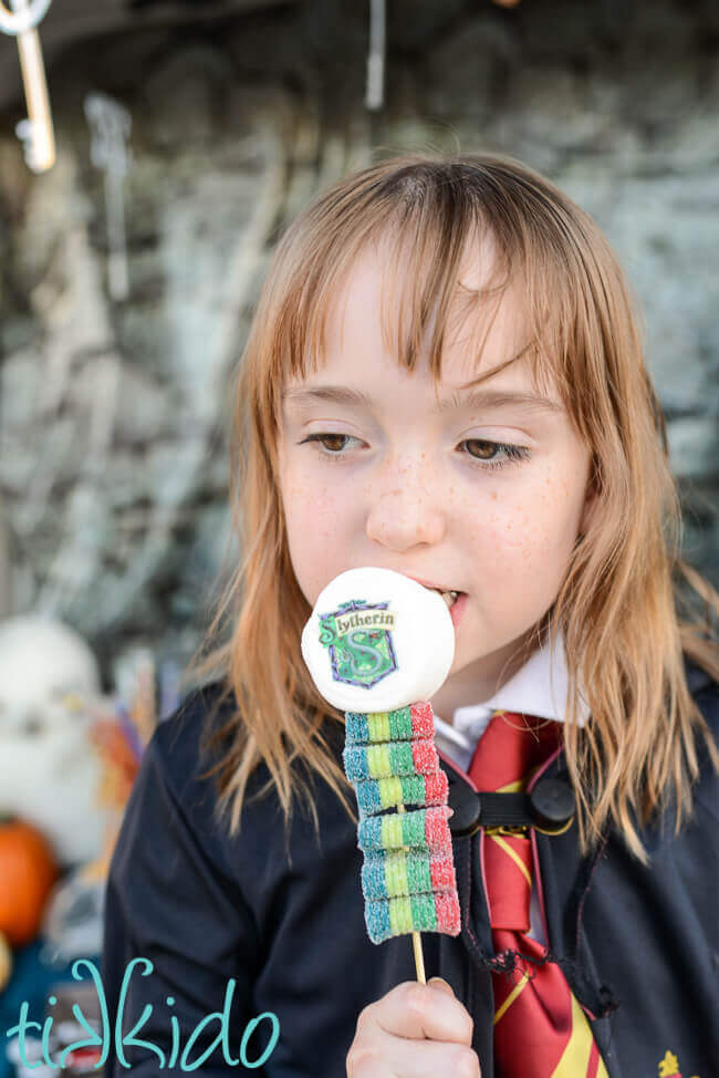Little girl eating a Harry Potter Candy Kebab with the Slytherin house crest.