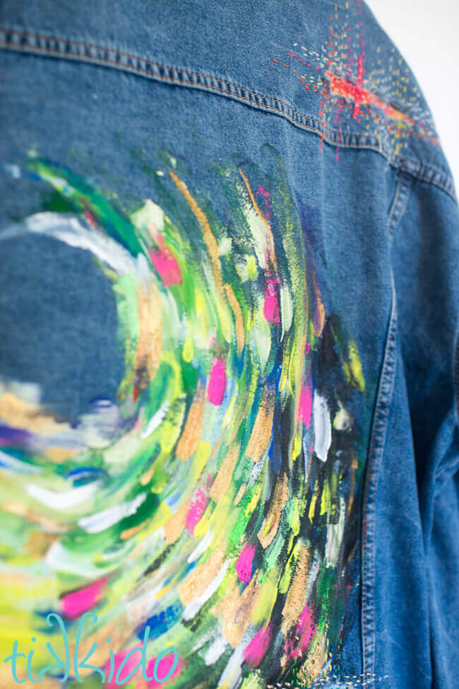 Abstract painted jean jacket design painted with acrylic paints.