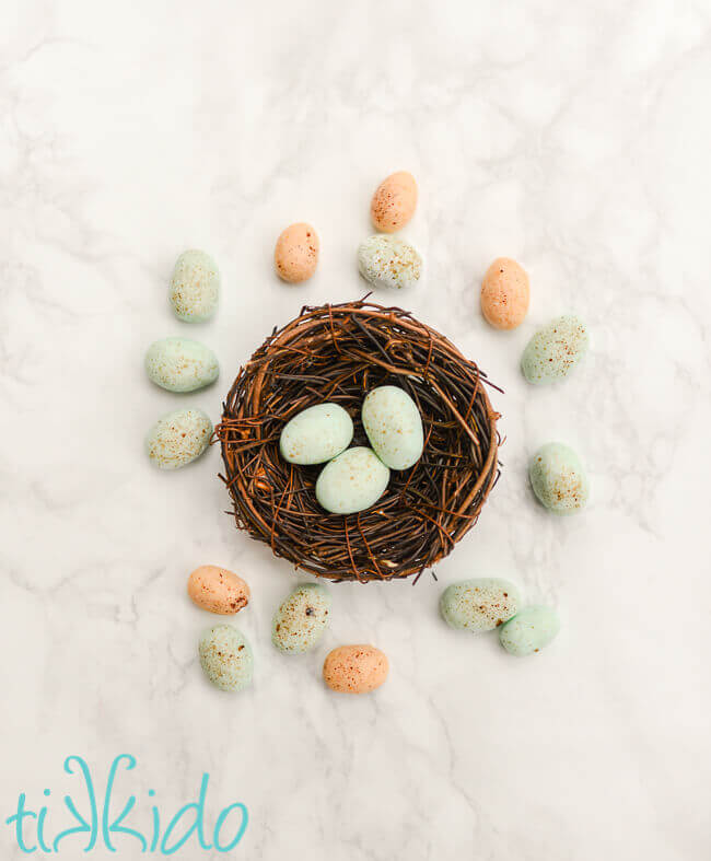Cream cheese mints made to look like tiny birds' eggs for Easter and spring.