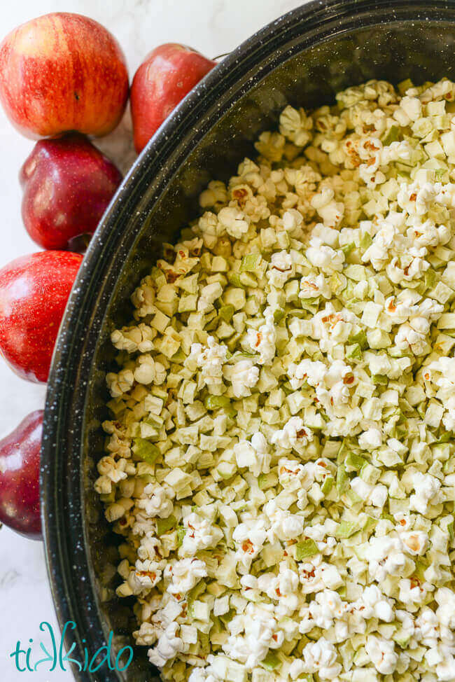 Roasting pan filled with popcorn and freeze dried apple bites next to fresh apples.