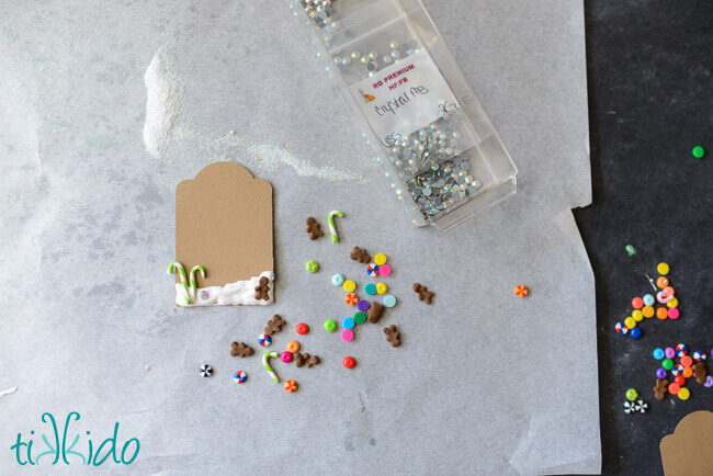 DIY Christmas Gift Tag being decorated to look like a gingerbread candyland.