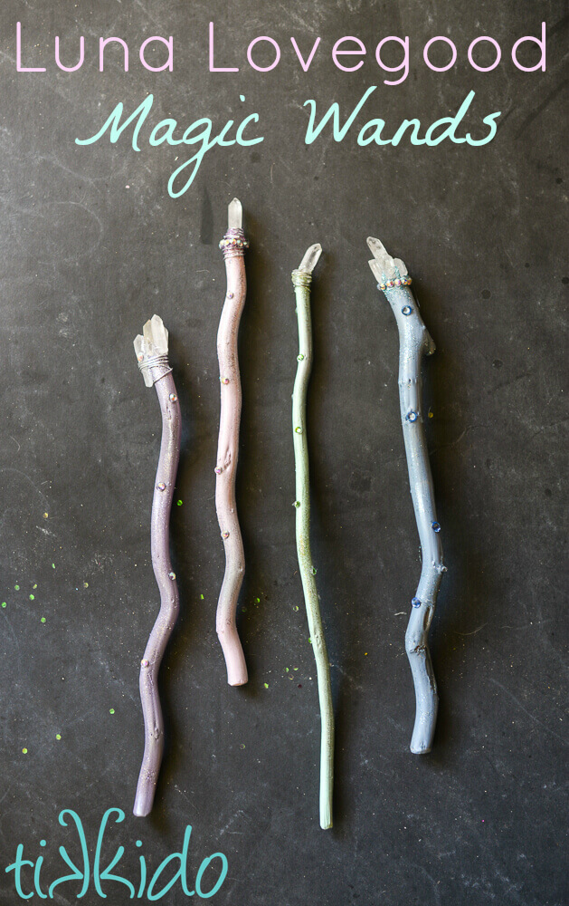 Four pastel, sparkly Luna Lovegood inspired Harry Potter magic wands topped with quartz crystals.