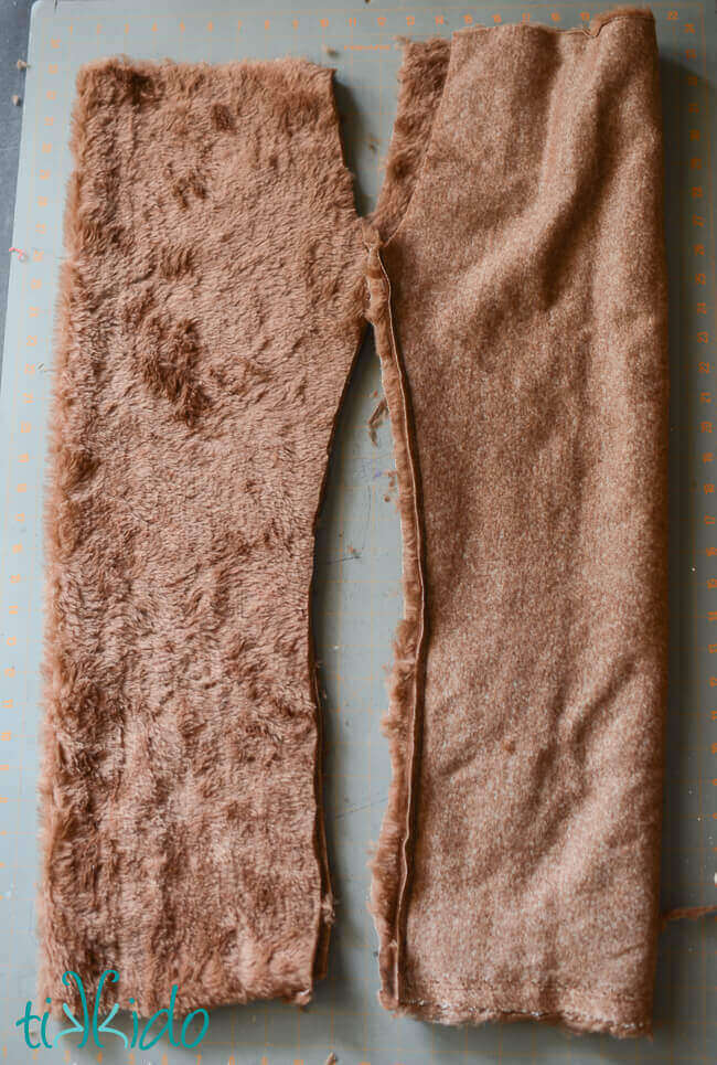 Faun costume pants pieces cut out of fake fur.