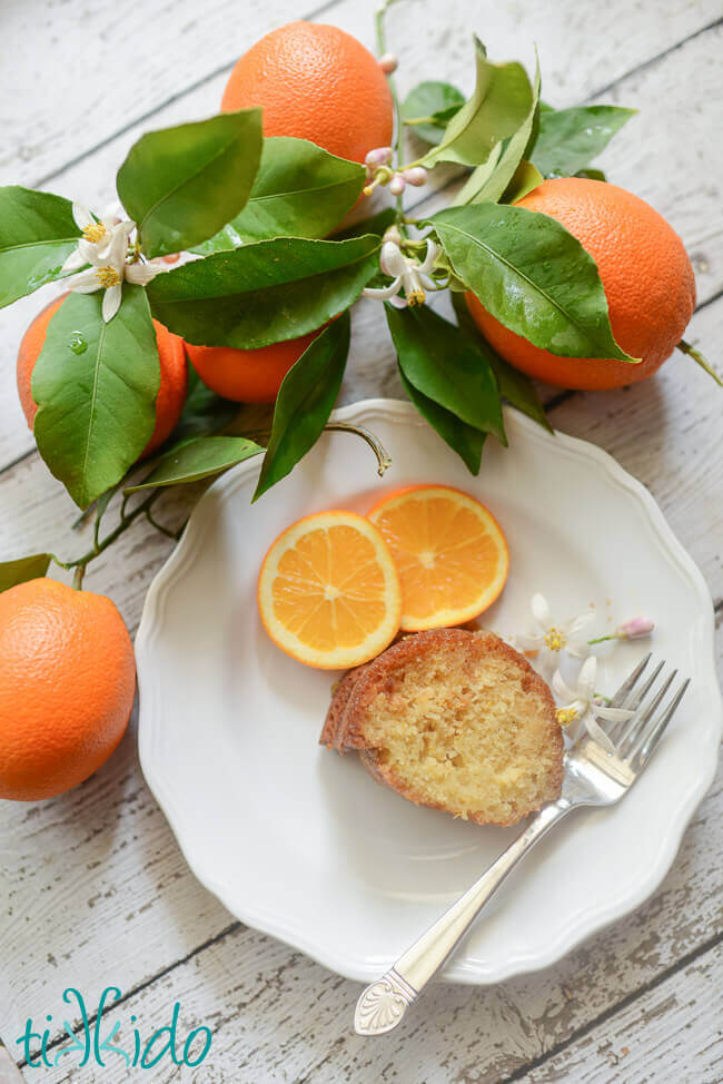 Amazingly flavorful orange bundt cake slice on a white plate surrounded by oranges, orange tree branches, and orange blossoms.