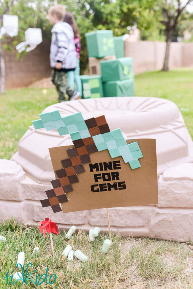 Life sized pixelated Minecraft flowers for a Minecraft birthday party.
